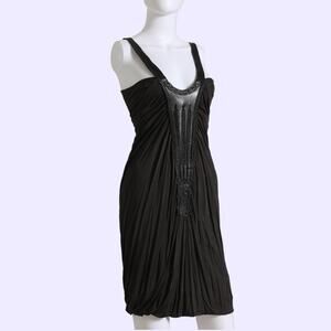 YIGAL AZROUËL Black Grey Knee-Length Dress with Leather Embellished Front